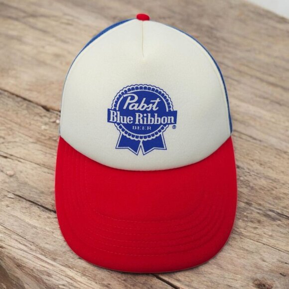 Pabst Blue Ribbon Beer Mesh Foam Snapback Cap Trucker Baseball Logo Patch Hat - Picture 1 of 14